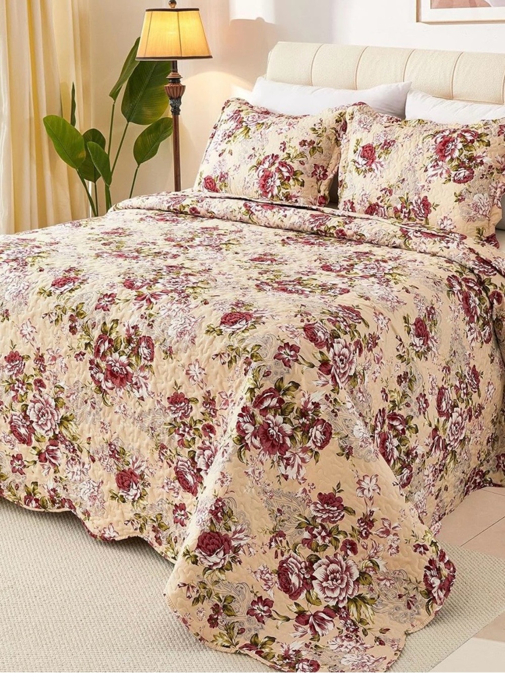 Reversible Floral Quilt in Cream and Burgundy - Elegant Bedroom Bedding